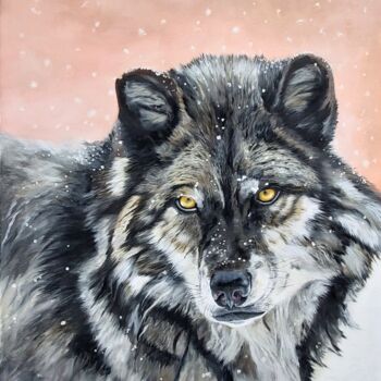 Painting titled "Loup sous la neige" by Christian Ruffie, Original Artwork, Oil Mounted on Wood Stretcher frame