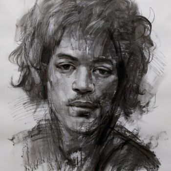 Tekening getiteld "JIMI HENDRIX" door Muh Ilyas Ruhiyat Artist, Origineel Kunstwerk, Houtskool