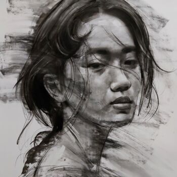 图画 标题为“Portrait women” 由Muh Ilyas Ruhiyat Artist, 原创艺术品, 木炭