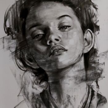 Dessin intitulée "potrait girl no.01" par Muh Ilyas Ruhiyat Artist, Œuvre d'art originale, Fusain