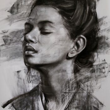 Dibujo titulada "portrait girl no.02" por Muh Ilyas Ruhiyat Artist, Obra de arte original, Carbón