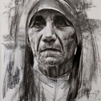 Dibujo titulada "Mother Teresa" por Muh Ilyas Ruhiyat Artist, Obra de arte original, Carbón