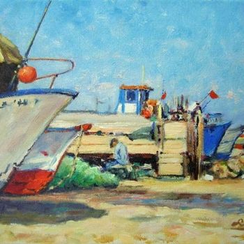 Pittura intitolato "Barcos na Ericeira…" da Rui Albuquerque, Opera d'arte originale, Olio