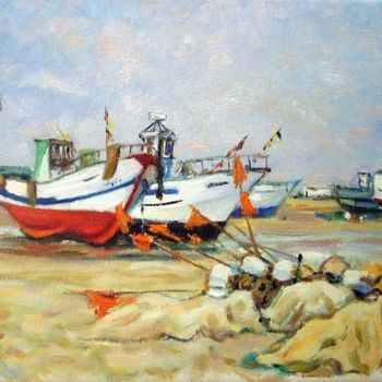 Pittura intitolato "Barcos na Ericeira…" da Rui Albuquerque, Opera d'arte originale, Olio