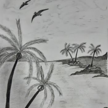 Painting titled "calm beach" by Aviatorsam, Original Artwork, Charcoal