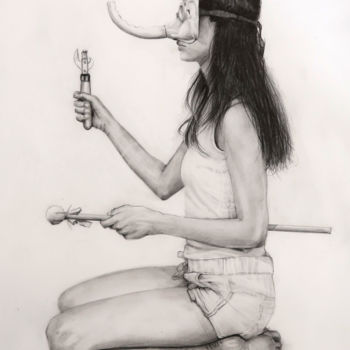 Рисунок под названием "Girl in elephant ma…" - Rupert Cefai, Подлинное произведение искусства, Карандаш