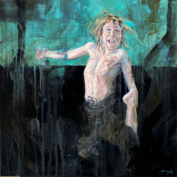Painting titled "boy jumping" by Rupert Cefai, Original Artwork, Oil Mounted on Wood Stretcher frame
