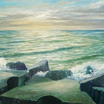 Painting titled "Evening ocean" by Ruslan Bielian, Original Artwork, Oil