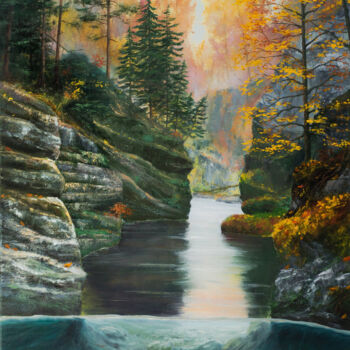 Painting titled "Autumn rocks" by Ruslan Bielian, Original Artwork, Oil