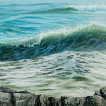 Картина под названием "Wave and rock" - Ruslan Bielian, Подлинное произведение искусства, Масло Установлен на Деревянная рам…