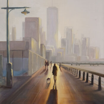Malarstwo zatytułowany „"Sunset on the Huds…” autorstwa Ruslan Gubaydullin, Oryginalna praca, Olej Zamontowany na Drewniana…