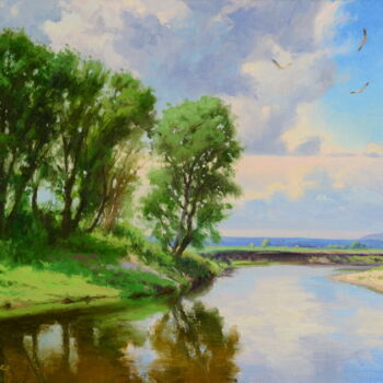 Peinture intitulée "Пейзаж с птицами" par Ruslan Kiprych, Œuvre d'art originale, Huile