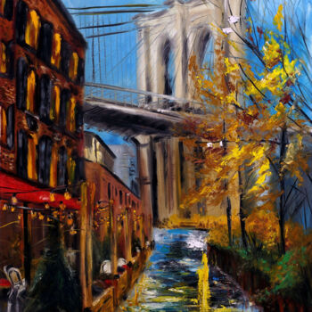 Painting titled "Autumn at Dumbo, Ne…" by Ruslana Levandovska, Original Artwork, Oil Mounted on Wood Stretcher frame