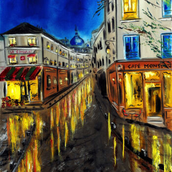 Pintura intitulada "Night at Montmartre…" por Ruslana Levandovska, Obras de arte originais, Óleo Montado em Armação em madei…
