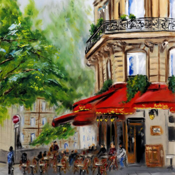 Painting titled "Paris Corner Cafe -…" by Ruslana Levandovska, Original Artwork, Oil Mounted on Wood Stretcher frame