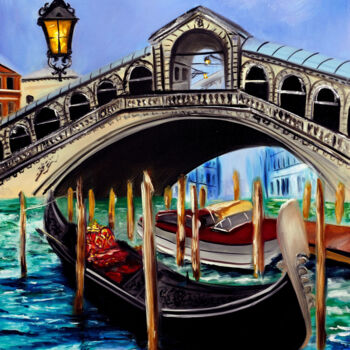 Painting titled "Gondolas at the Ria…" by Ruslana Levandovska, Original Artwork, Oil Mounted on Wood Stretcher frame