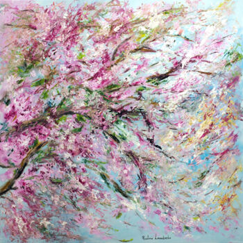 Painting titled "Cherry blossoms - s…" by Ruslana Levandovska, Original Artwork, Oil Mounted on Wood Stretcher frame