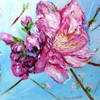 Painting titled "Pink Cherry Blossom…" by Ruslana Levandovska, Original Artwork, Oil Mounted on Wood Stretcher frame