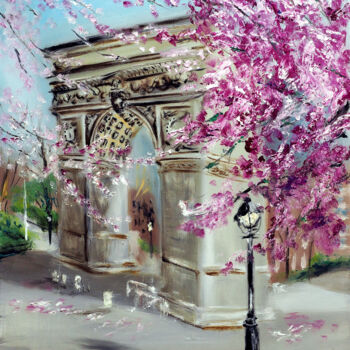 Painting titled "Cherry Blossoms at…" by Ruslana Levandovska, Original Artwork, Oil Mounted on Wood Stretcher frame