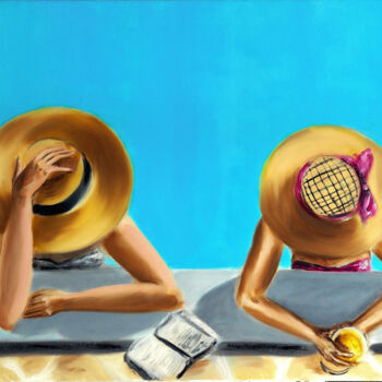 Painting titled "At the Pool" by Ruslana Levandovska, Original Artwork, Oil Mounted on Wood Stretcher frame
