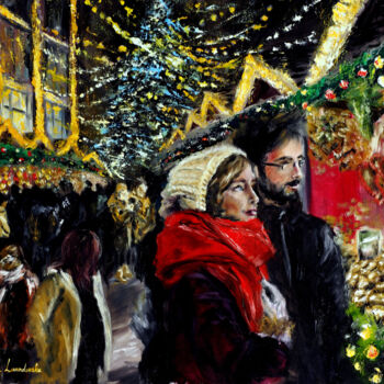 Painting titled "December Festivities" by Ruslana Levandovska, Original Artwork, Oil Mounted on Wood Stretcher frame