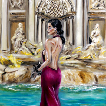 Painting titled "At the Trevi Founta…" by Ruslana Levandovska, Original Artwork, Oil Mounted on Wood Stretcher frame