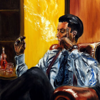 Painting titled "Gentleman with a Ci…" by Ruslana Levandovska, Original Artwork, Oil Mounted on Wood Stretcher frame