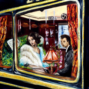 Painting titled "Aboard the Orient E…" by Ruslana Levandovska, Original Artwork, Oil Mounted on Wood Stretcher frame