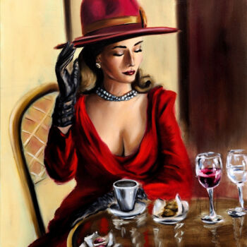 Painting titled "Lady in Red in Paris" by Ruslana Levandovska, Original Artwork, Oil Mounted on Wood Stretcher frame