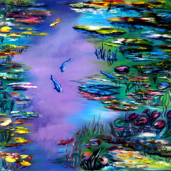 Painting titled "Pond of Peacefulness" by Ruslana Levandovska, Original Artwork, Oil Mounted on Wood Stretcher frame