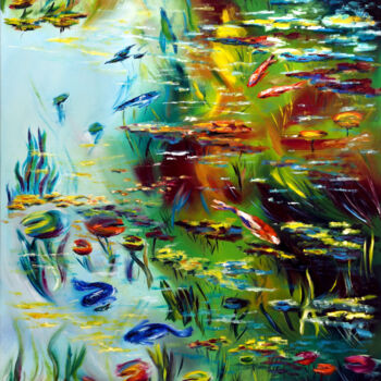 Painting titled "Pond of Peacefulnes…" by Ruslana Levandovska, Original Artwork, Oil Mounted on Wood Stretcher frame