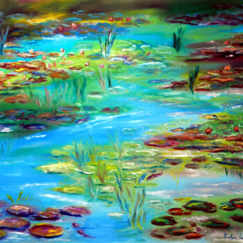 Painting titled "Pond of Peacefulnes…" by Ruslana Levandovska, Original Artwork, Oil Mounted on Wood Stretcher frame