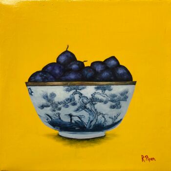 Peinture intitulée "Prunes dans un bol" par Ruth Piper, Œuvre d'art originale, Huile