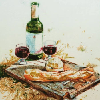 Zeichnungen mit dem Titel "Wine, cheese" von Rutujartist, Original-Kunstwerk, Pastell