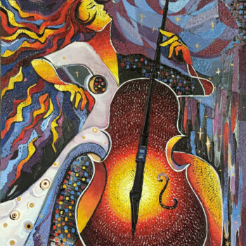 Painting titled "Cellist" by Ruzanna Melqumyan, Original Artwork, Oil Mounted on Wood Stretcher frame