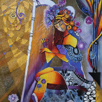 Schilderij getiteld "Enchanted Strings" door Ruzanna Melqumyan, Origineel Kunstwerk, Olie Gemonteerd op Frame voor houten br…