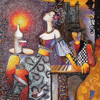 Painting titled "Evening Serenade at…" by Ruzanna Melqumyan, Original Artwork, Oil Mounted on Wood Stretcher frame