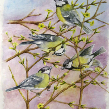 Painting titled "Birds" by Vladimir Rassomasov, Original Artwork, Watercolor