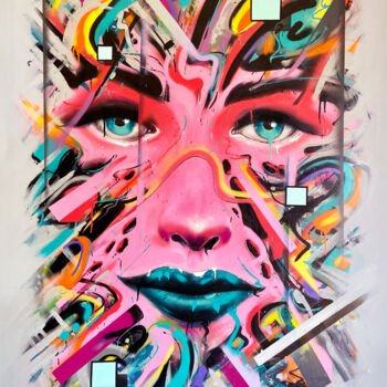 Painting titled "Explosive lady" by Roko, Original Artwork, Spray paint Mounted on Wood Stretcher frame