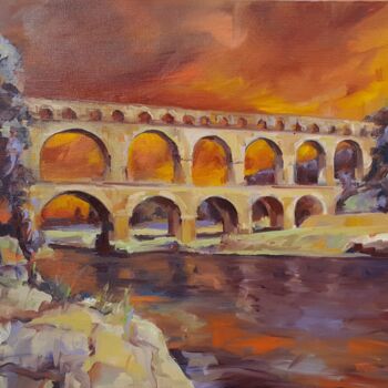 Peinture intitulée "Pont du Gard fauve" par Rym, Œuvre d'art originale, Huile