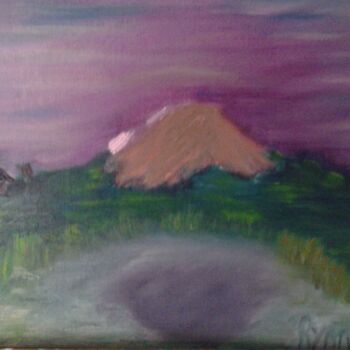 Painting titled "Le lac perdu" by Rynne, Original Artwork, Oil Mounted on Cardboard