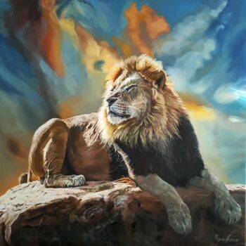 Malarstwo zatytułowany „Le lion au coucher…” autorstwa Maryse Coin (Ryse Kaïa), Oryginalna praca, Olej Zamontowany na Drewni…