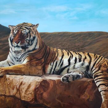 「Le tigre au repos」というタイトルの絵画 Maryse Coin (Ryse Kaïa)によって, オリジナルのアートワーク, オイル ウッドストレッチャーフレームにマウント