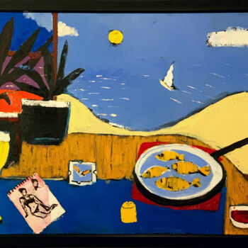 Painting titled "Lunch on beach" by Rza Rzazadeh, Original Artwork, Oil Mounted on Wood Stretcher frame