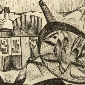 Dessin intitulée "Stell life with fish" par Rza Rzazadeh, Œuvre d'art originale, Encre