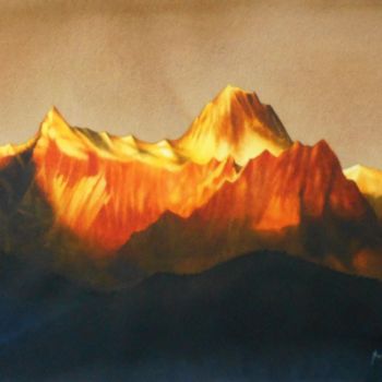 Pintura intitulada "sunrise over hill" por Sudipta Karmakar, Obras de arte originais, Aquarela