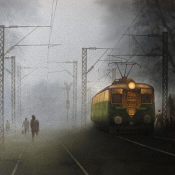 Pittura intitolato "Train in foggy morn…" da Sudipta Karmakar, Opera d'arte originale, Acquarello