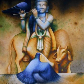 Картина под названием "Lord Krishna" - Sudipta Karmakar, Подлинное произведение искусства, Акварель