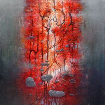 Pintura intitulada "Forêt rouge vertica…" por Sylvain Loisant, Obras de arte originais, Óleo Montado em Armação em madeira