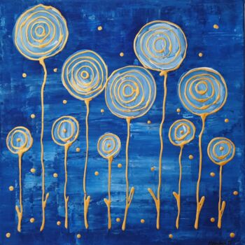 Malerei mit dem Titel "Blumen blau" von Sigrid Vondran, Original-Kunstwerk, Acryl Auf Keilrahmen aus Holz montiert